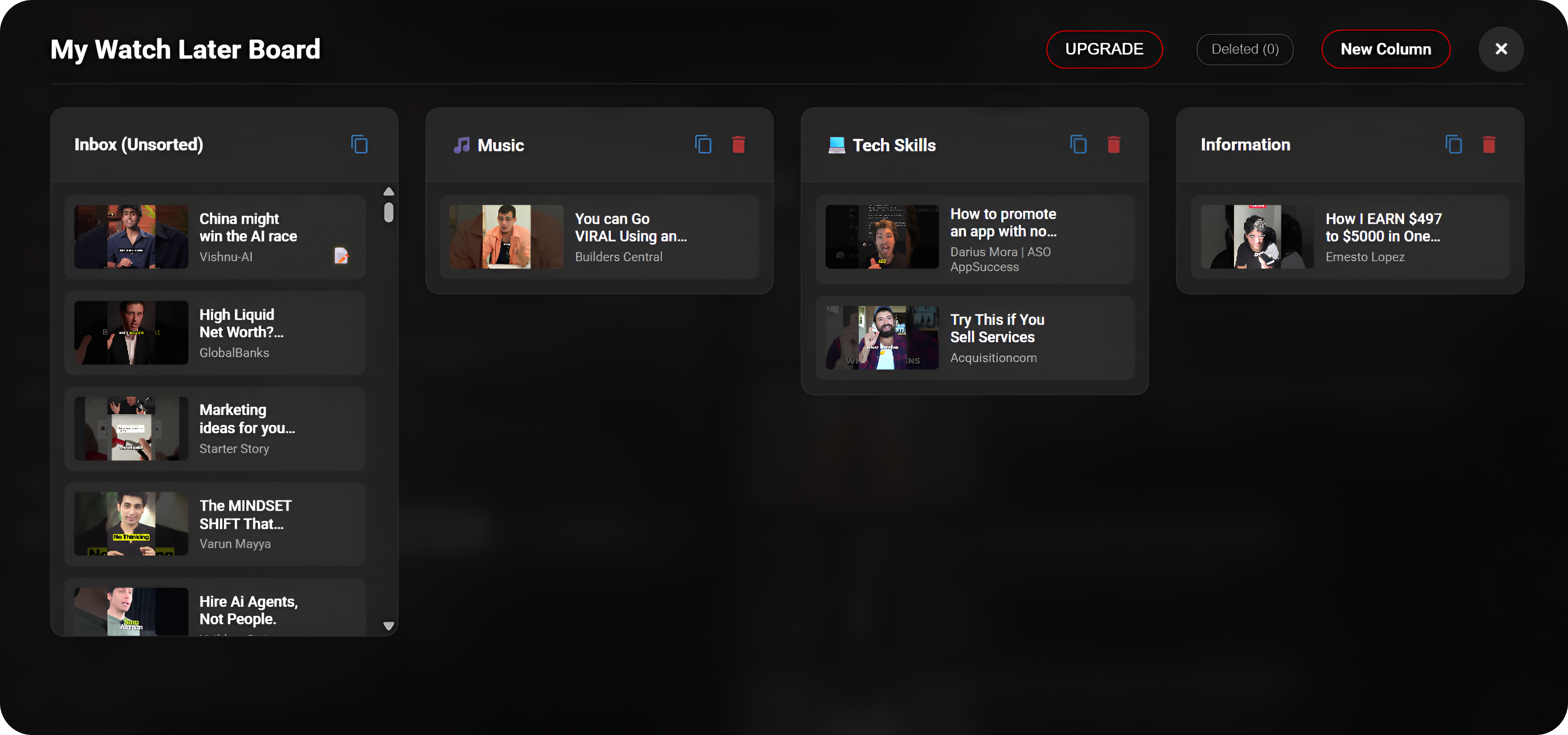 YT Organizer Kanban board showing Watch Later videos organized into columns